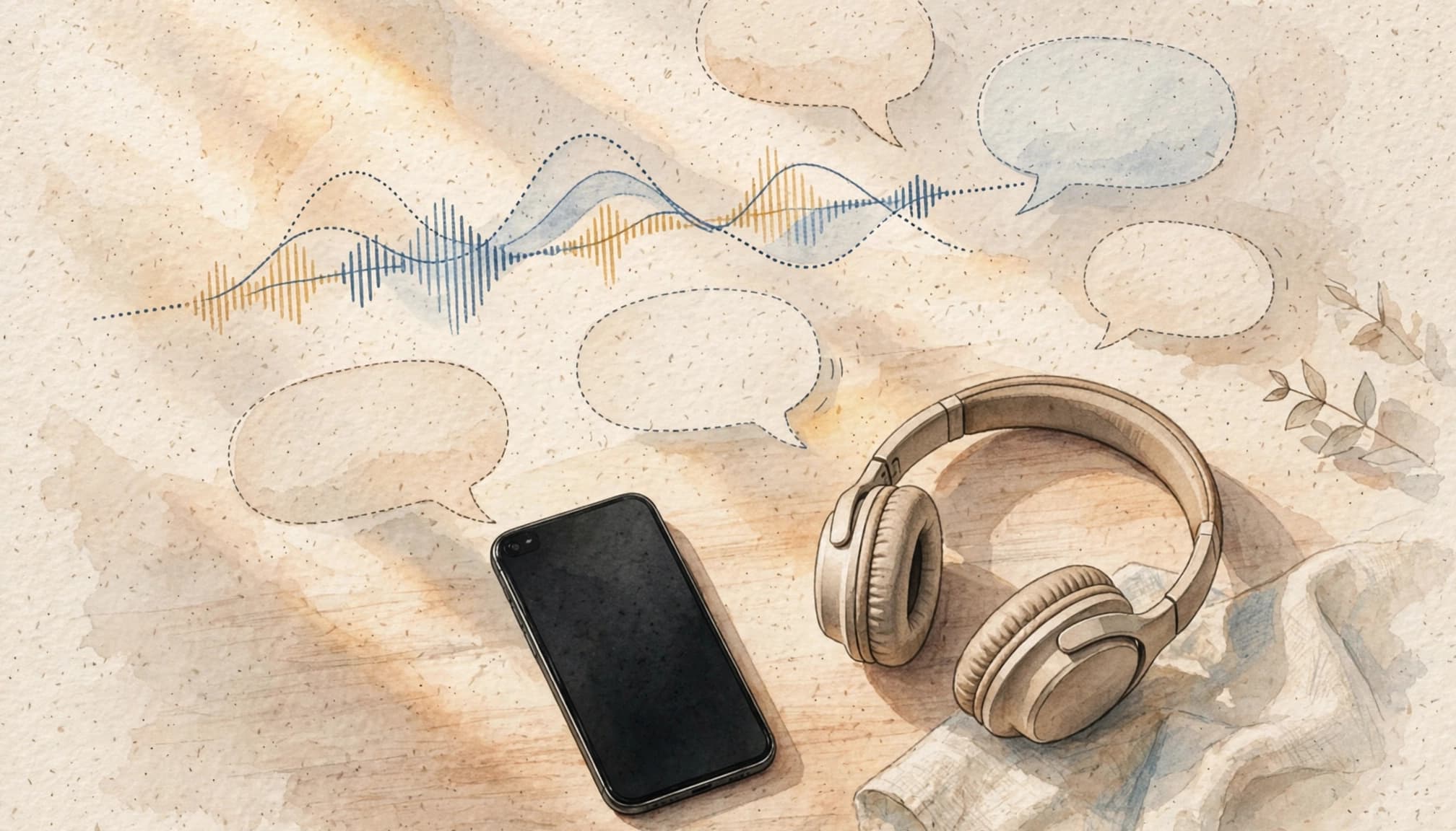 A phone and headphones sit on a table beside abstract speech bubbles and a waveform.
