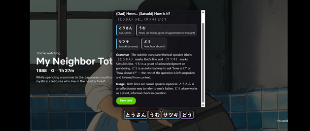 Kikugo explaining Japanese Netflix subtitle vocabulary, grammar and contextual meaning