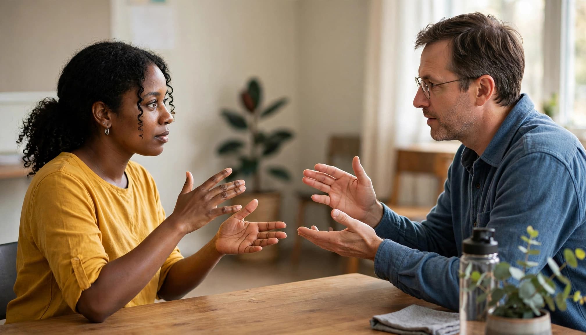 Best ASL Apps for Fingerspelling and Conversation 3 Two adults face each other across a table and practice signing in a bright room.