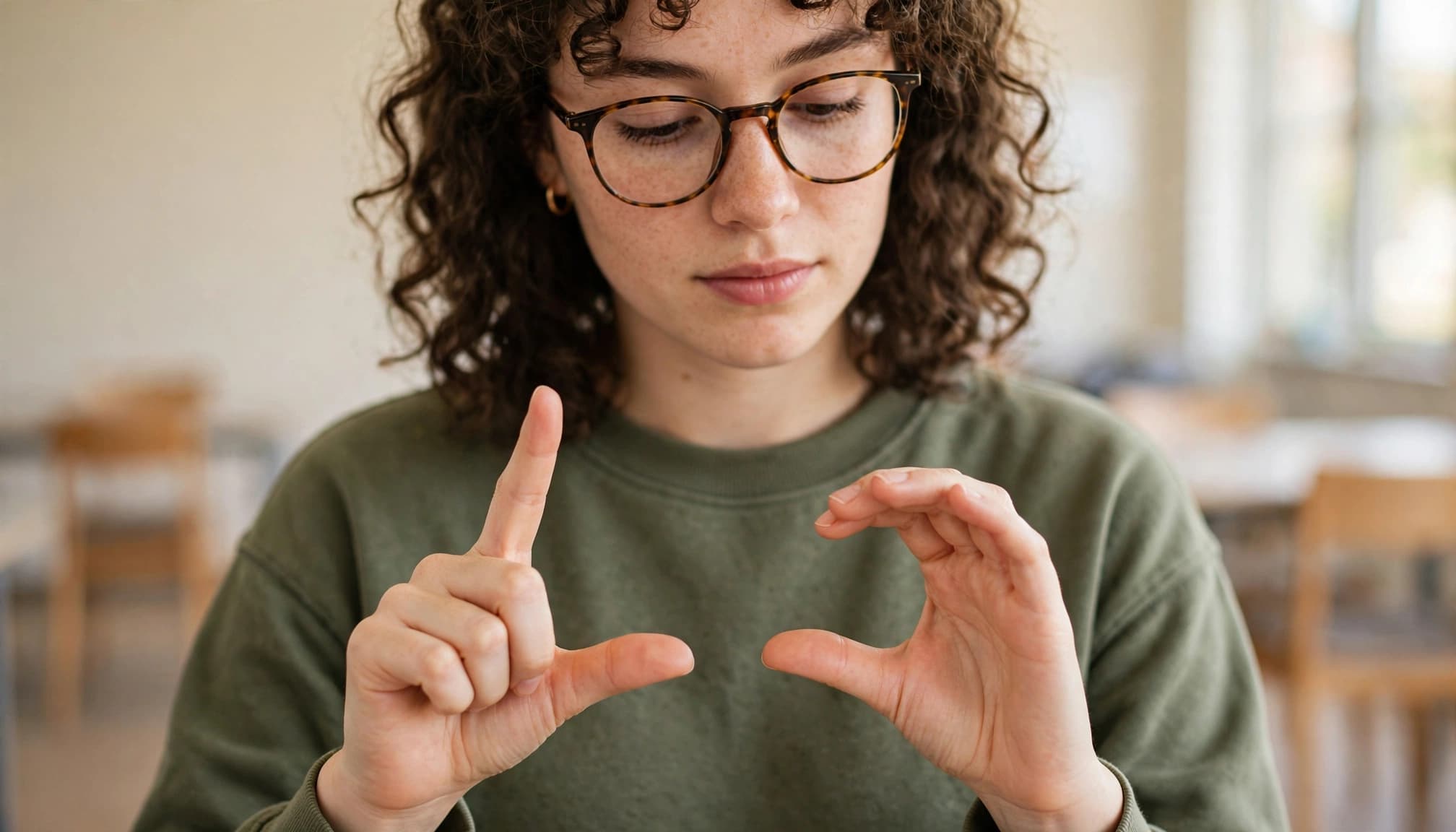 Best ASL Apps for Fingerspelling and Conversation 2 A learner practices fingerspelling with both hands in a bright room.