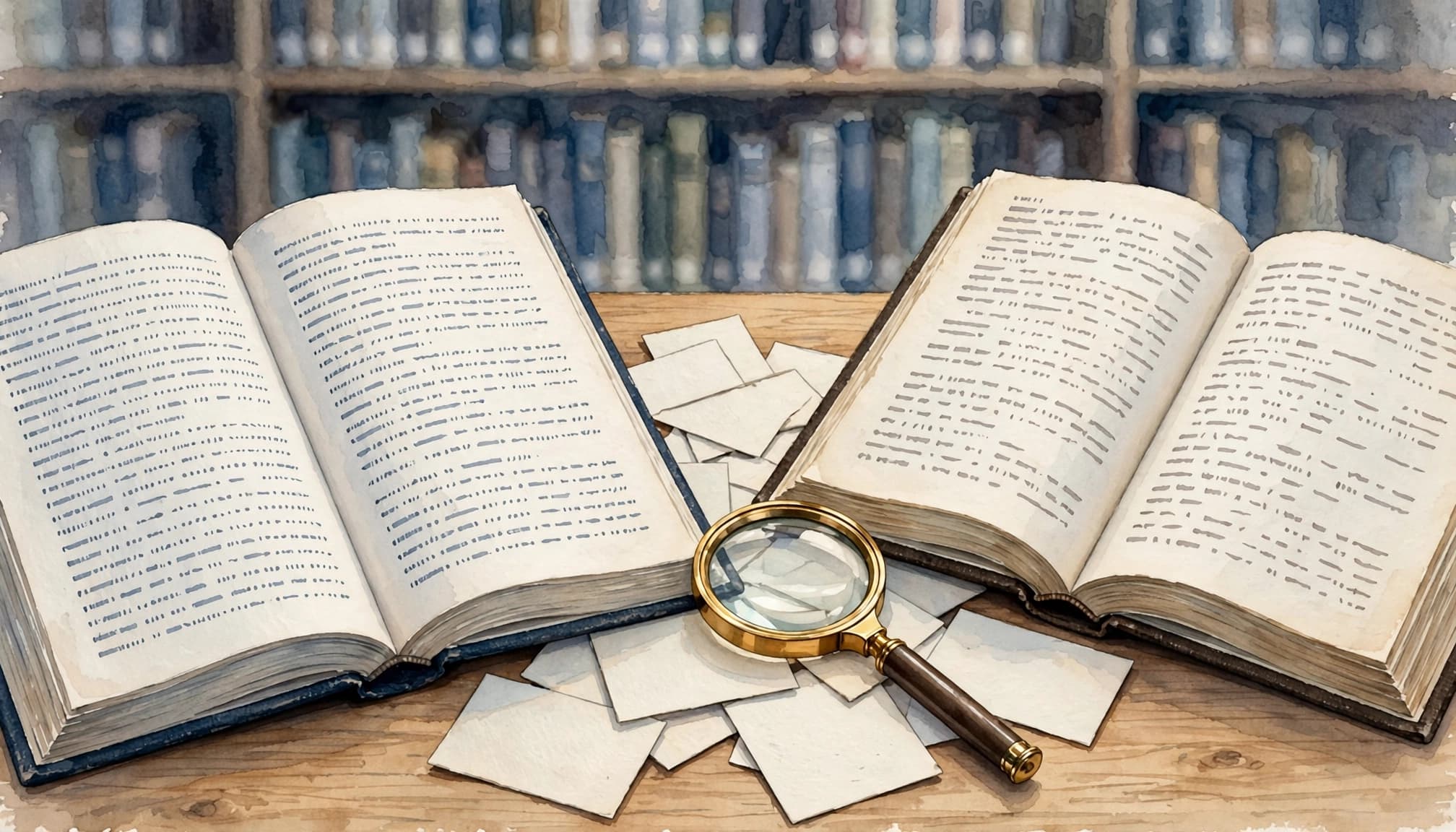 Two open reference books, loose index cards, and a magnifying glass on a wooden table.