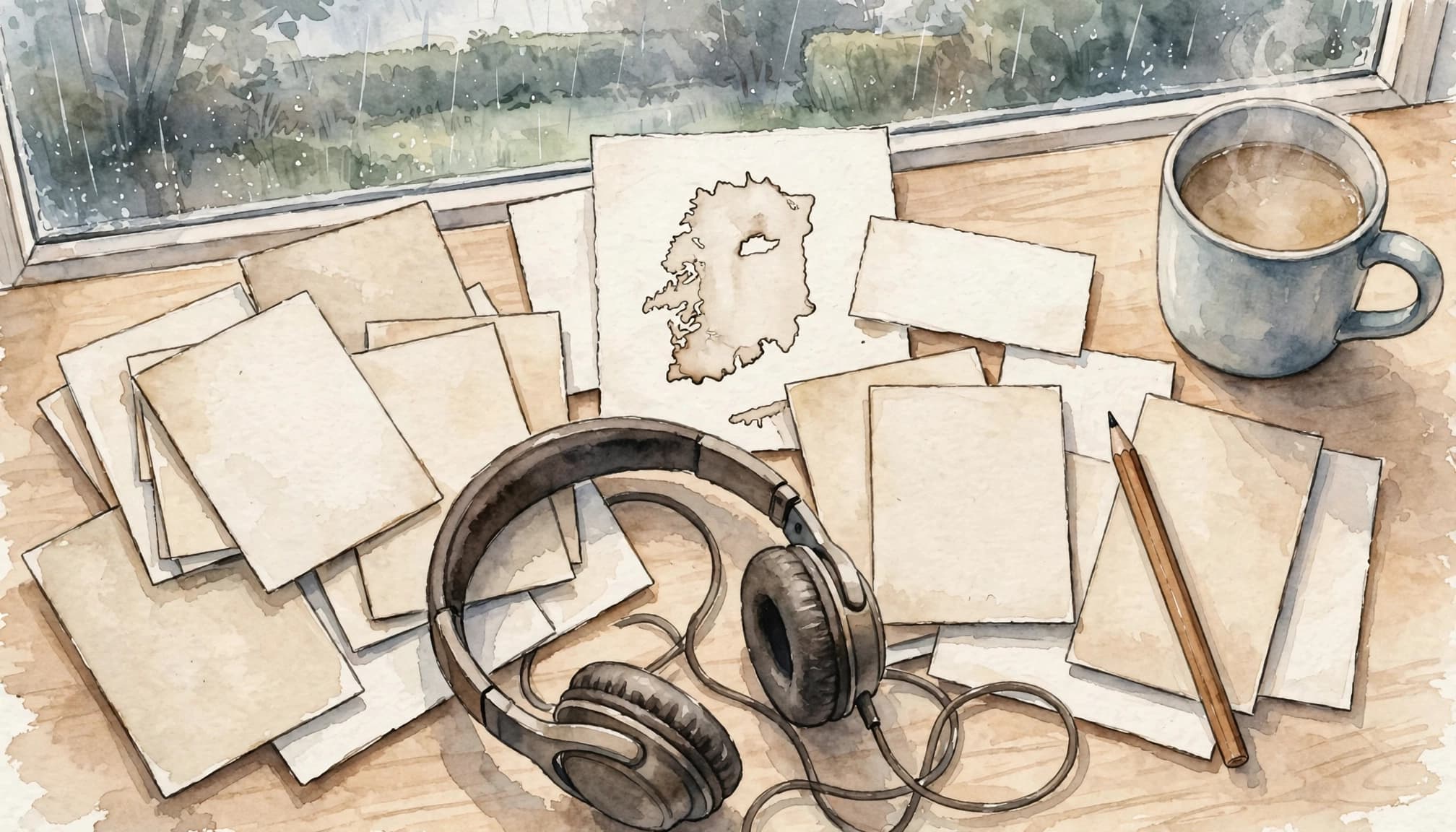 Learn Cornish Online: Courses, Audio, and a Month Plan 2 Watercolor overhead view of headphones, blank flashcards, a map drawing, a pencil, and a mug on a desk.