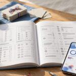 A French exam workbook, smartphone, headphones, and flashcards arranged on a sunlit desk.