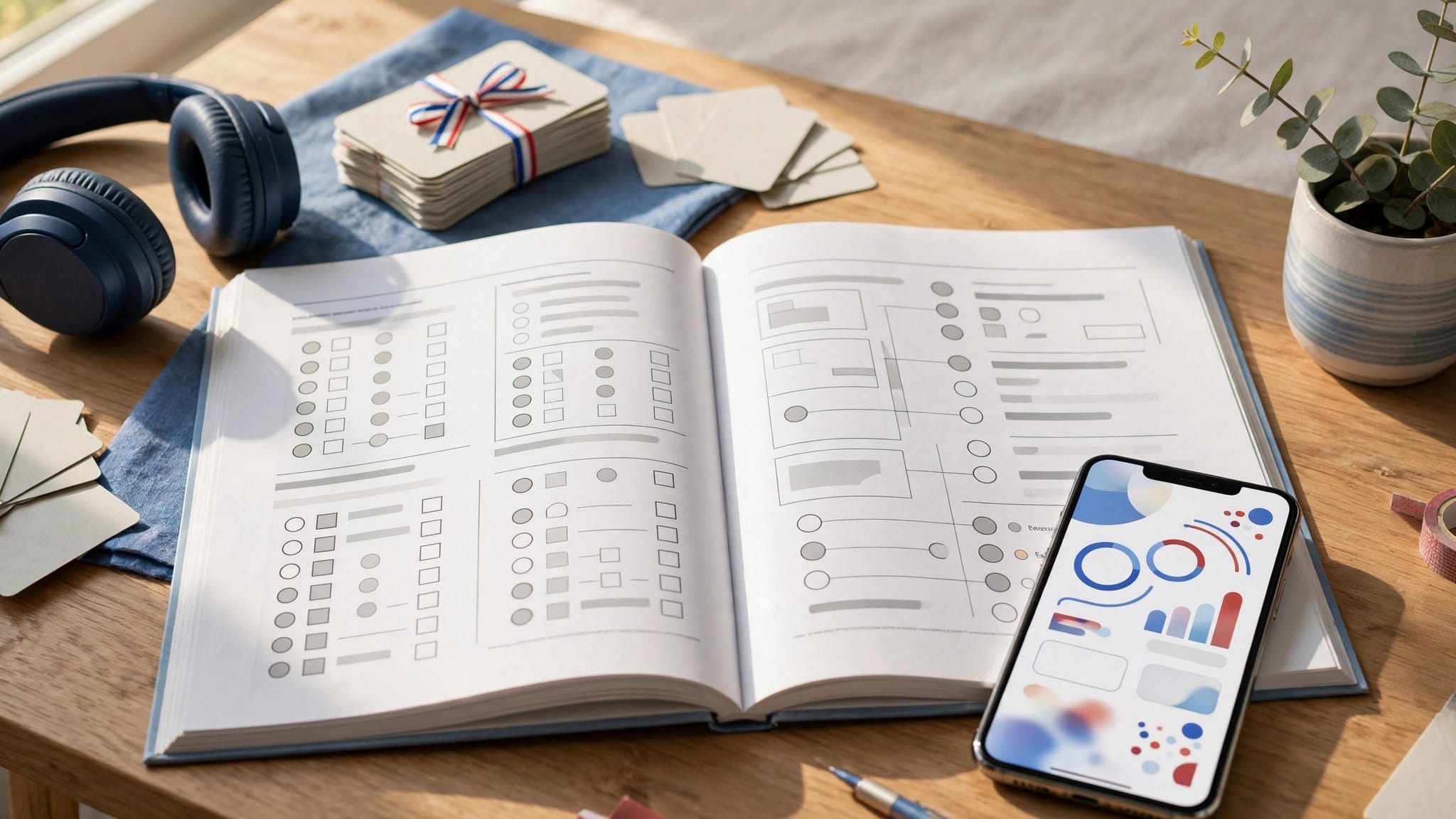 A French exam workbook, smartphone, headphones, and flashcards arranged on a sunlit desk.