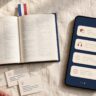 A smartphone, open dictionary, and abstract sentence cards on a warm wooden desk.