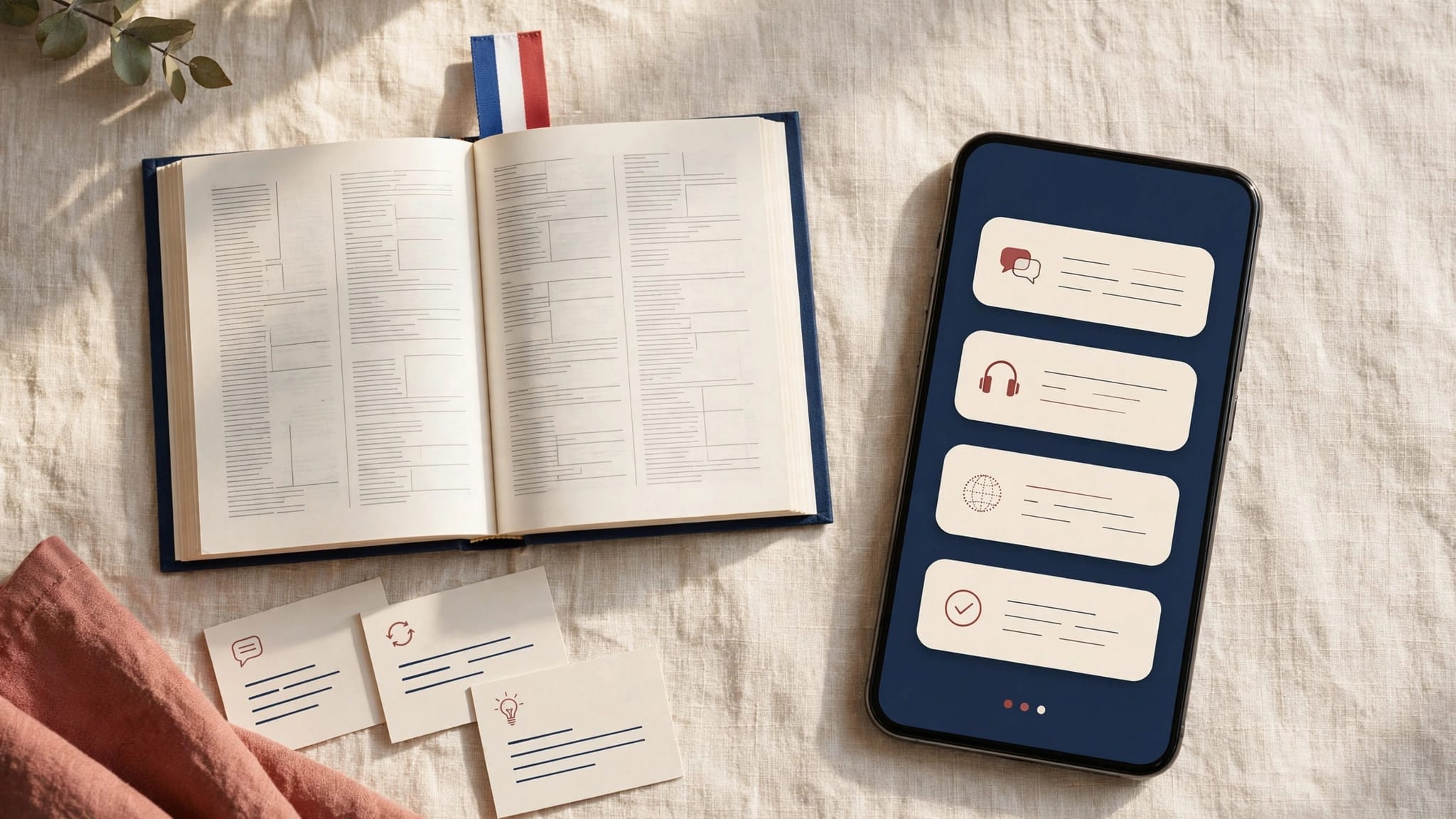 A smartphone, open dictionary, and abstract sentence cards on a warm wooden desk.