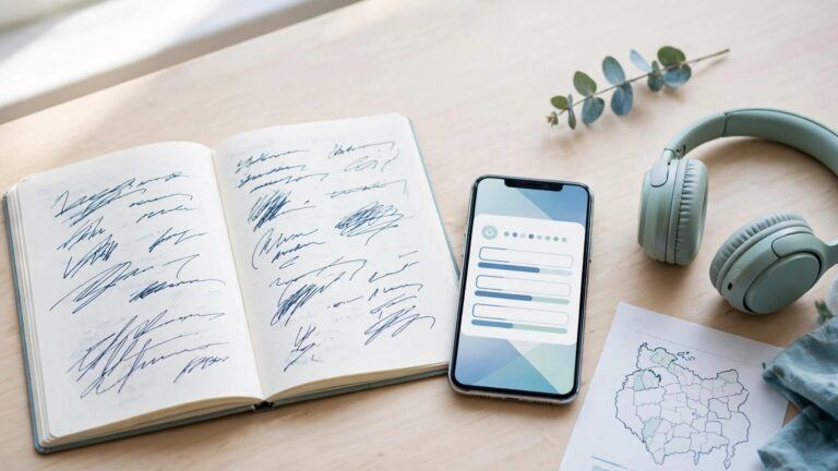 A phone, open notebook, and headphones sit beside an outline map of Galicia.
