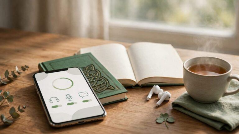 A phone, open Irish-language book, earbuds, and tea sit on a wooden table.