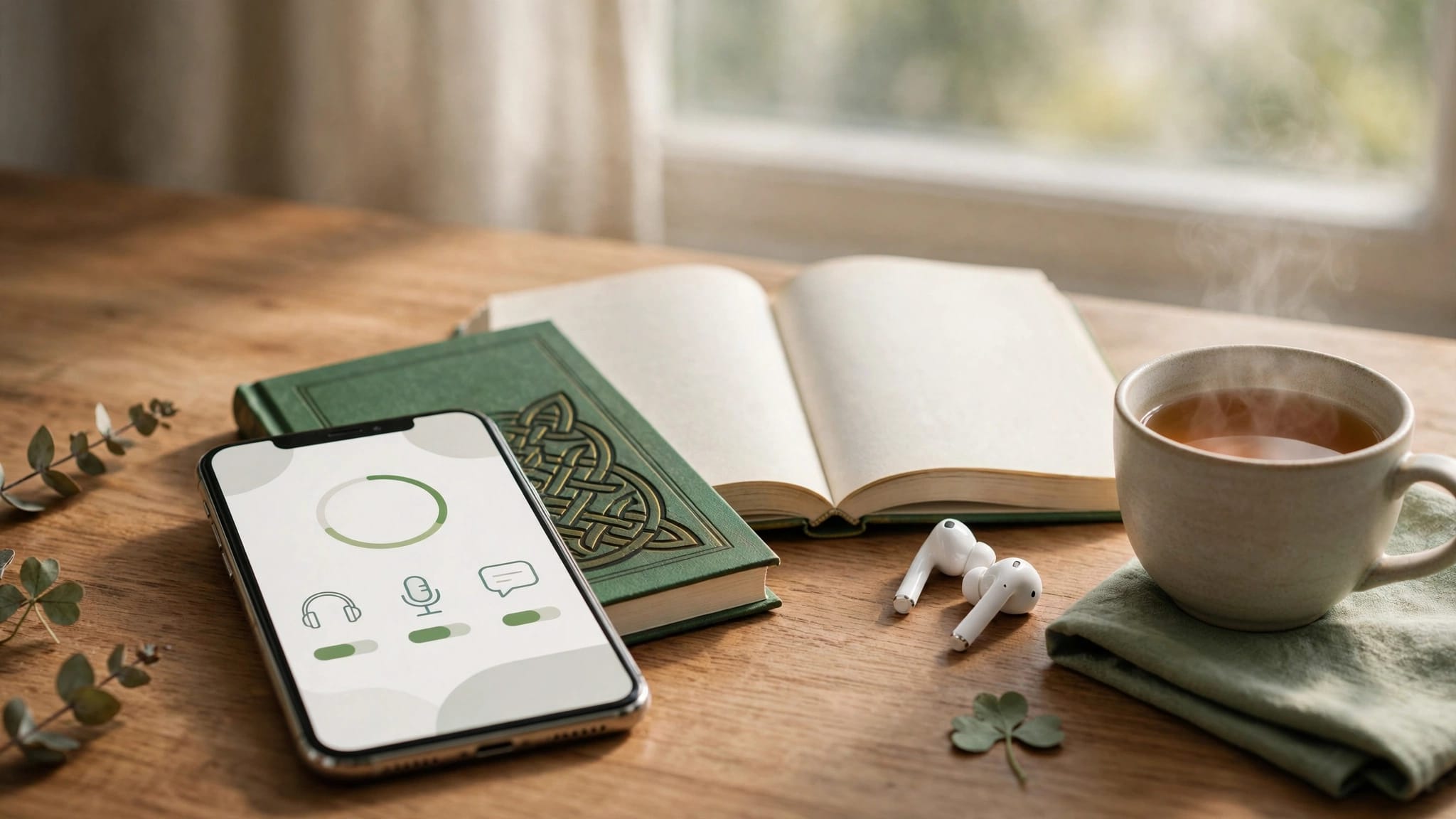 A phone, open Irish-language book, earbuds, and tea sit on a wooden table.