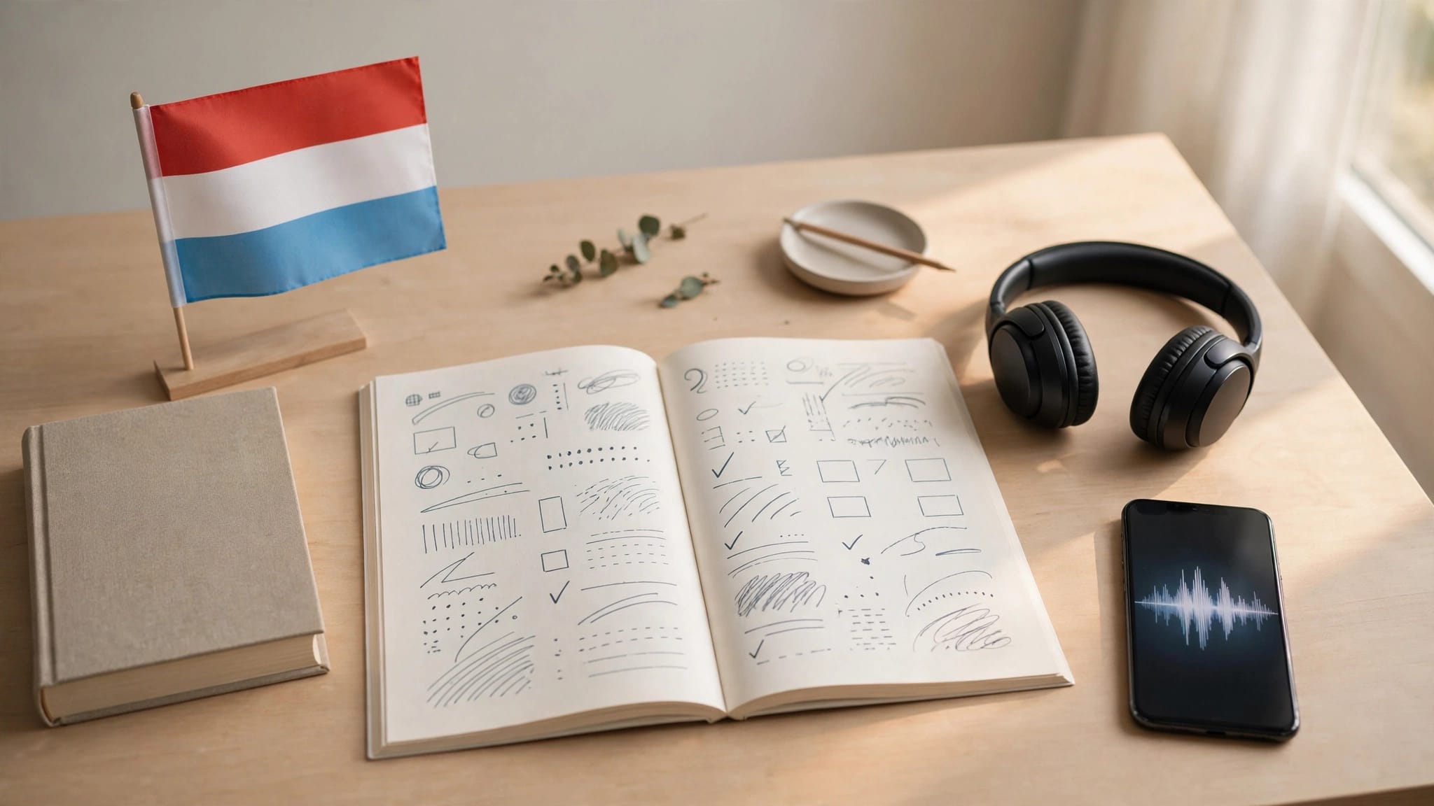 A workbook, headphones, phone, Luxembourg flag, and dictionary arranged on a sunlit desk.