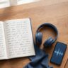 An open workbook sits beside headphones, a phone with a waveform, and a pencil.