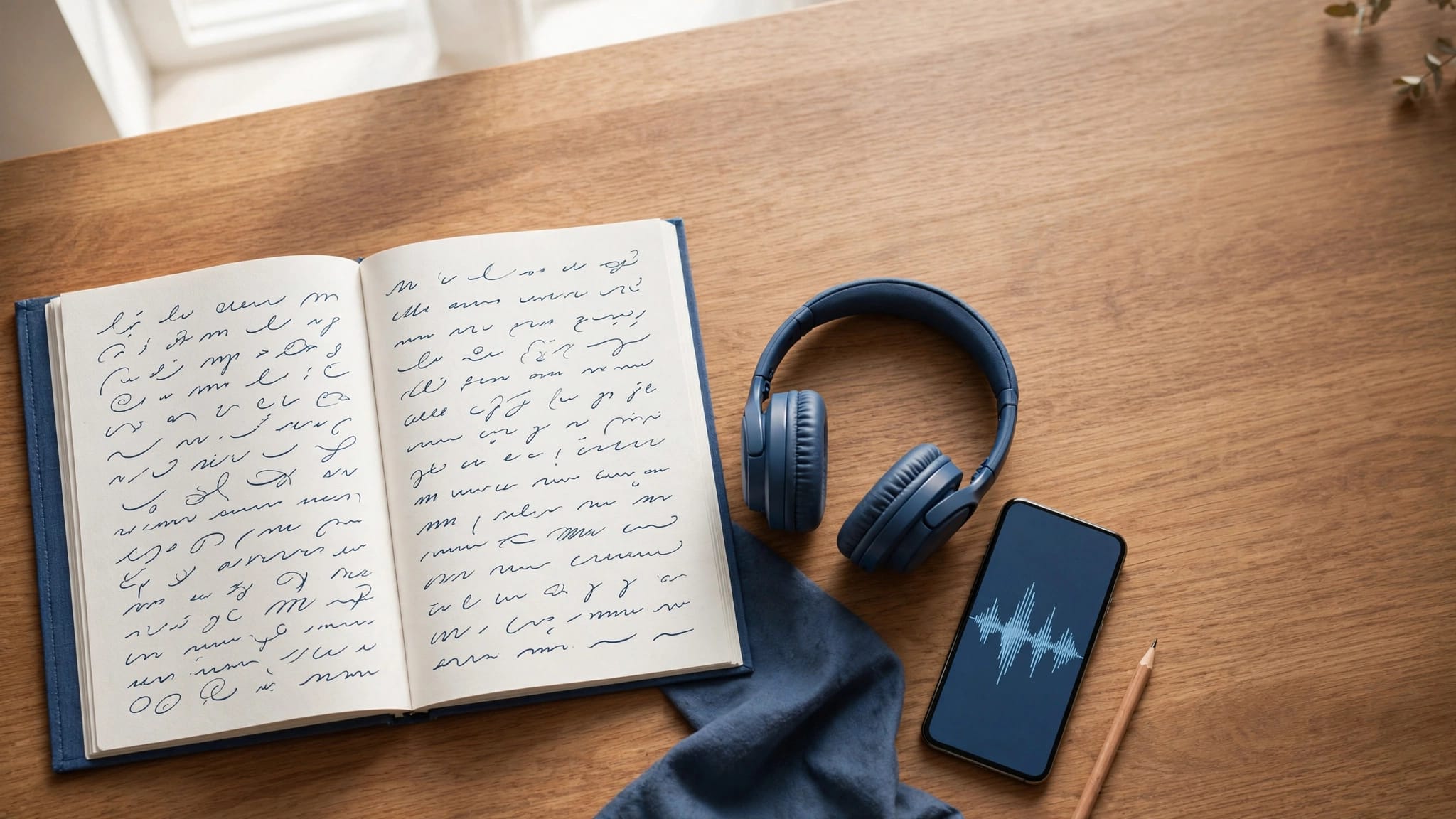 An open workbook sits beside headphones, a phone with a waveform, and a pencil.