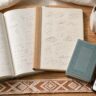 A Somali textbook, practice notebook, dictionary, headphones, and phone arranged on a wooden desk.