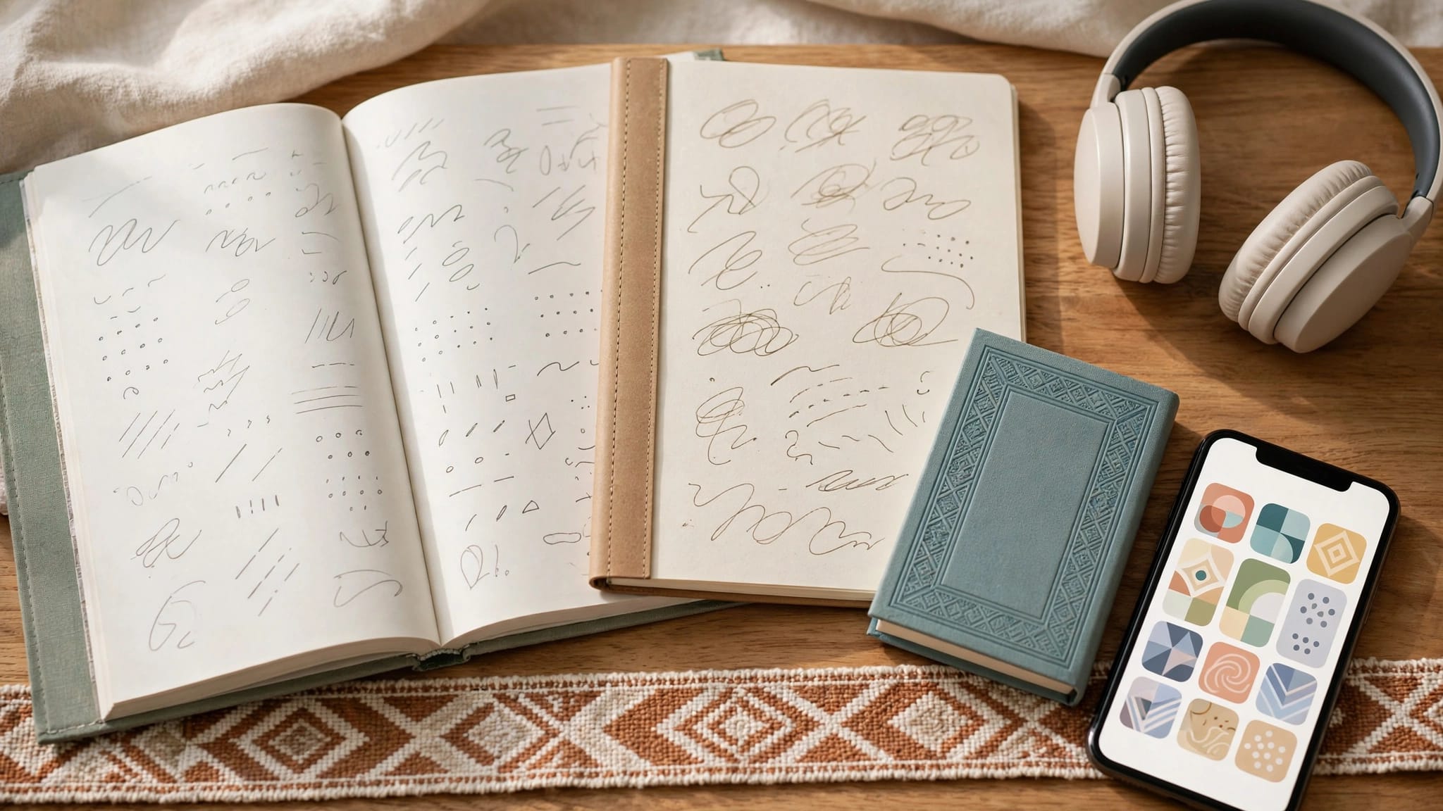 A Somali textbook, practice notebook, dictionary, headphones, and phone arranged on a wooden desk.