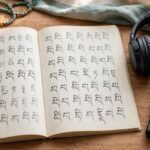 An open Tibetan script workbook beside headphones and a small audio recorder.