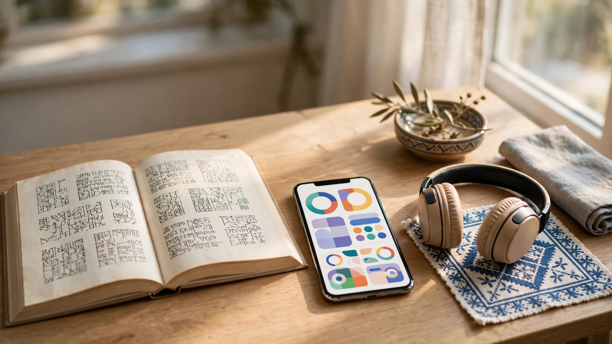 An open book, colorful language app, and headphones on a wooden desk.