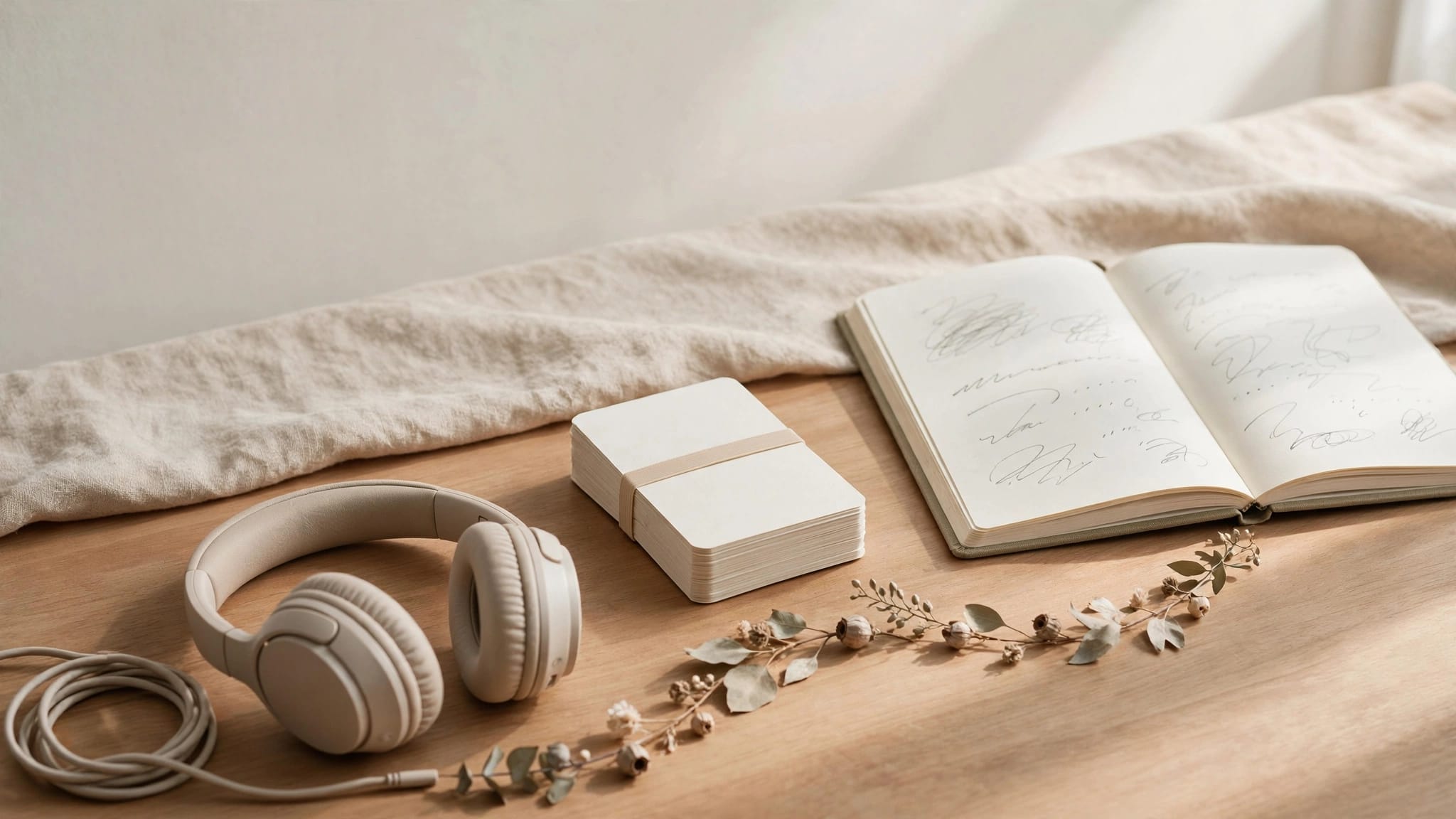 Headphones, blank flashcards, and an open notebook arranged on a warm desk.