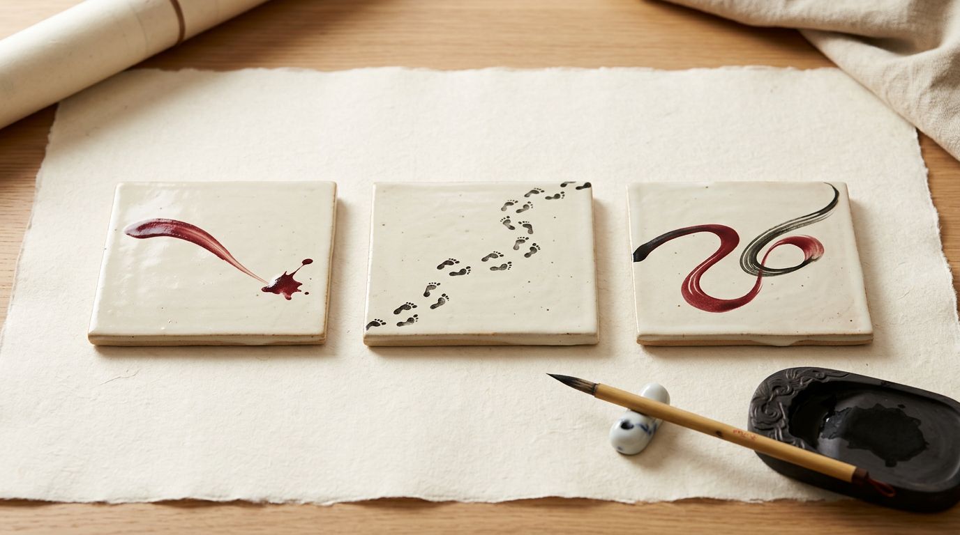 Three ceramic tiles with abstract symbols sit beside a brush and inkstone.
