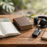 A Hawaiian book, dictionary, headphones, recorder, and notebook on a wooden desk.