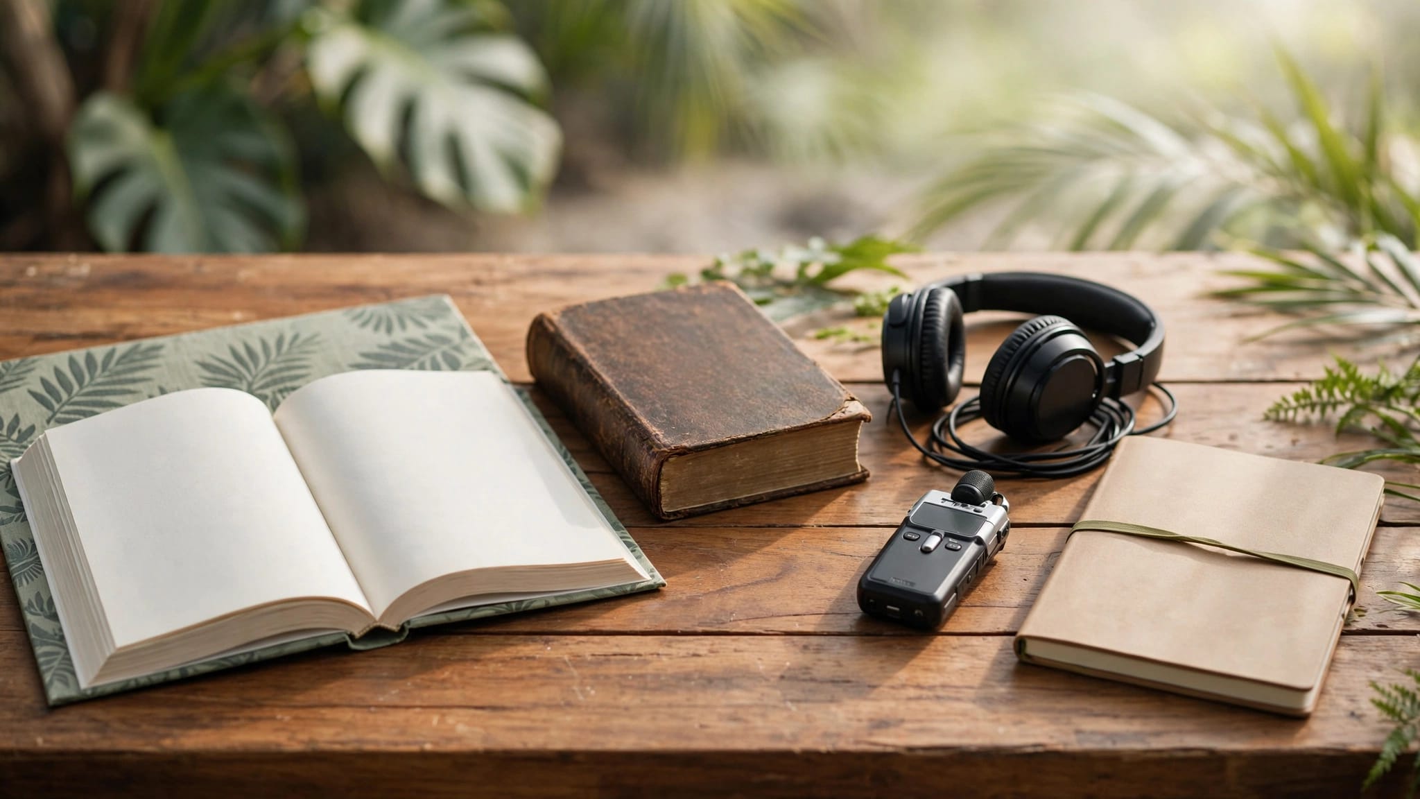 A Hawaiian book, dictionary, headphones, recorder, and notebook on a wooden desk.