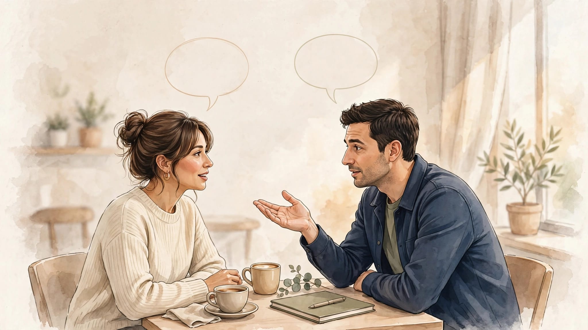 Two language learners talk across a café table beside a notebook and coffee.
