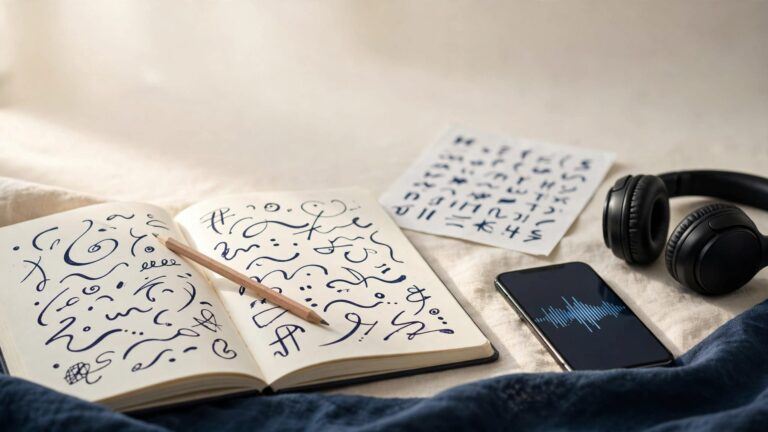 A notebook, Fidel chart, headphones, and phone arranged on a sunlit desk.