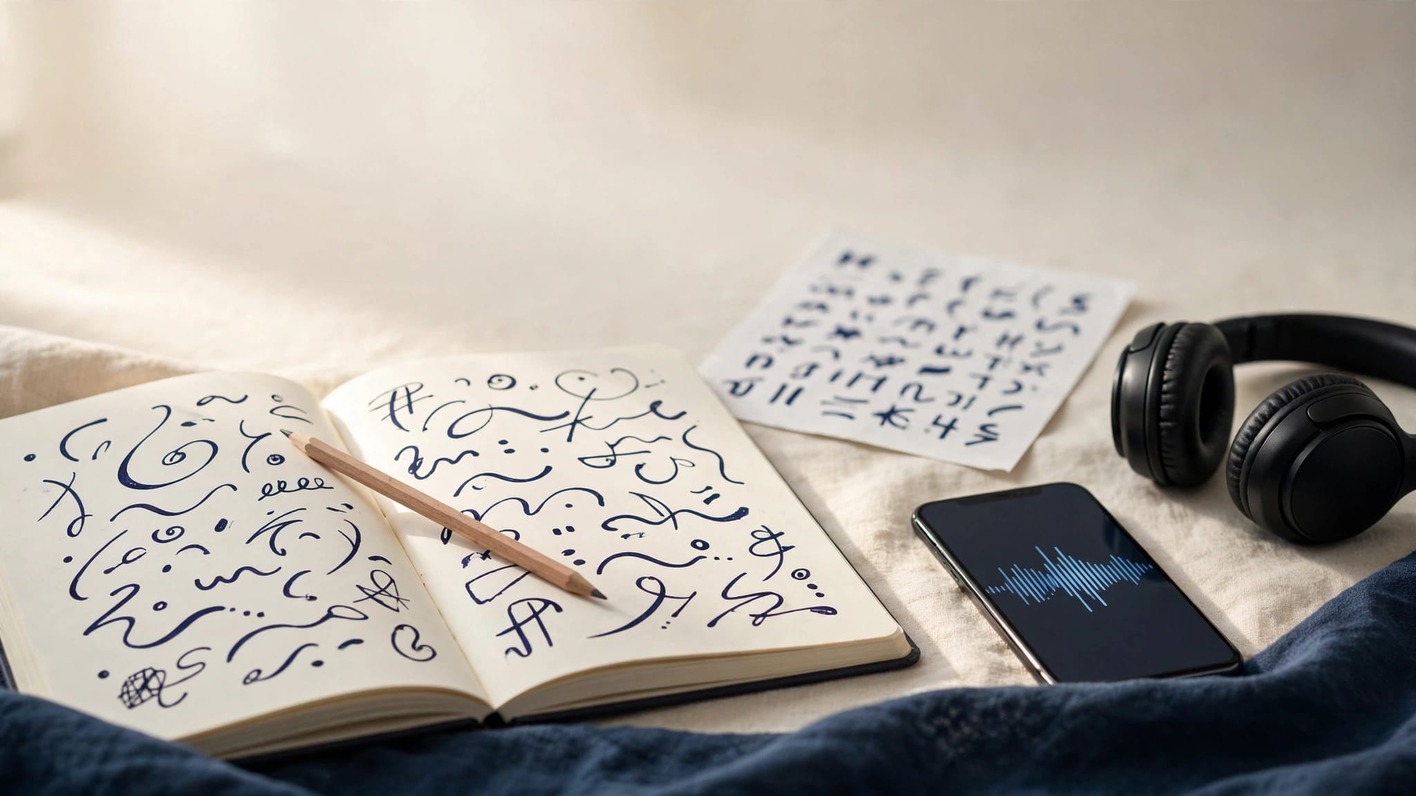 A notebook, Fidel chart, headphones, and phone arranged on a sunlit desk.