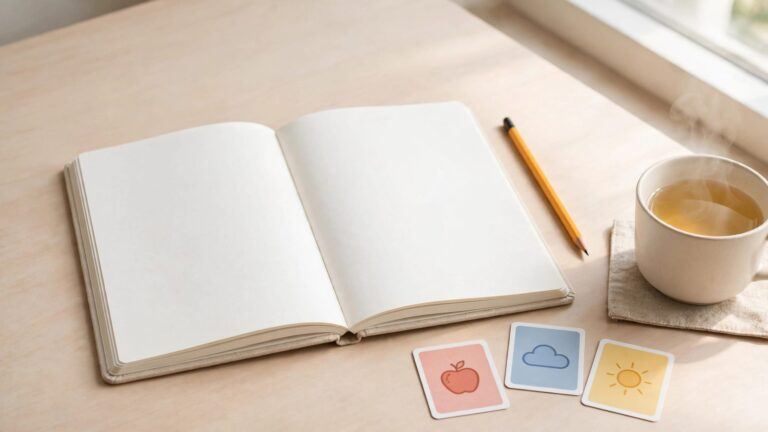 A blank notebook, pencil, colorful icon cards, and tea on a bright desk.