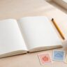 A blank notebook, pencil, colorful icon cards, and tea on a bright desk.