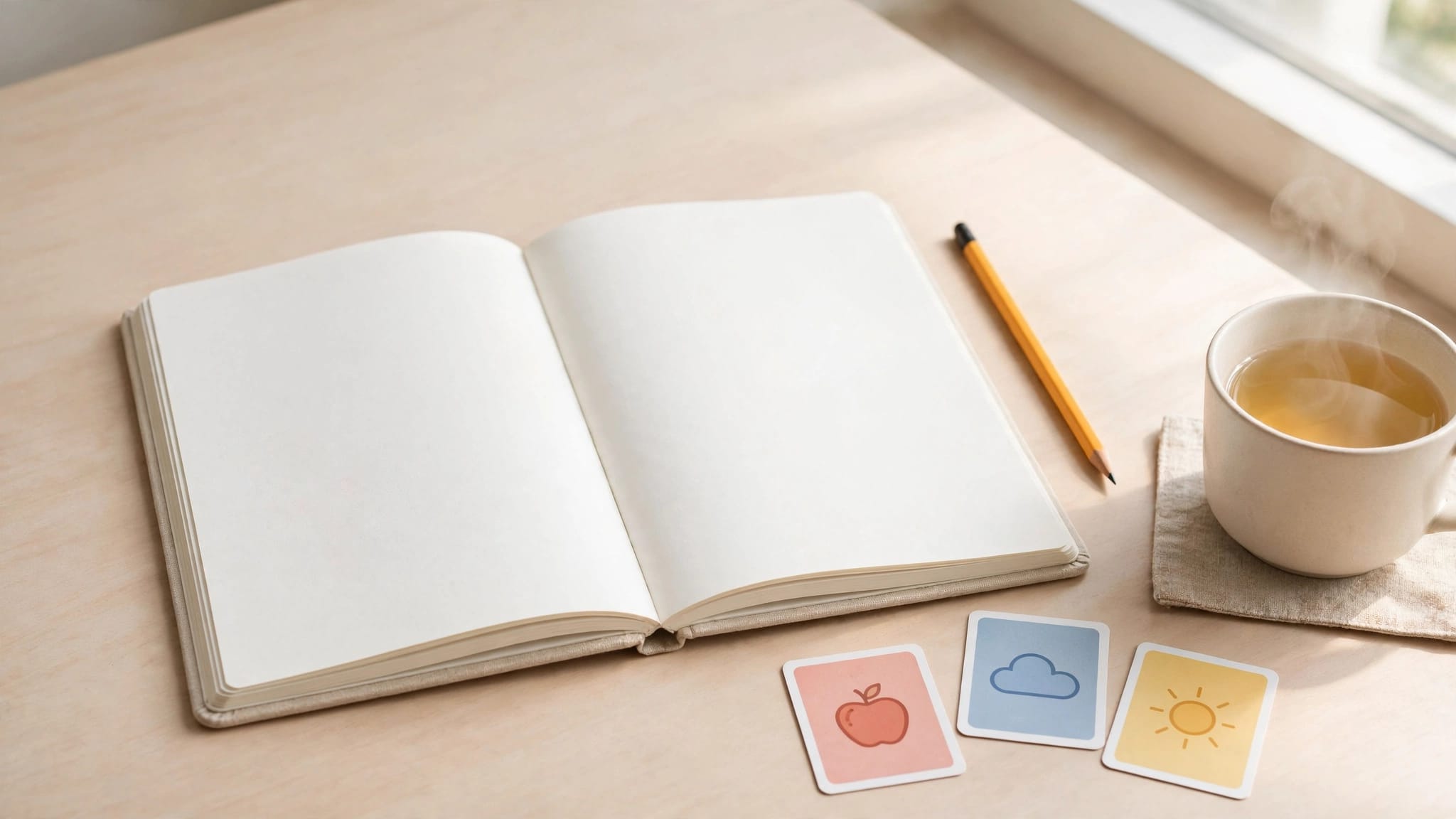 A blank notebook, pencil, colorful icon cards, and tea on a bright desk.