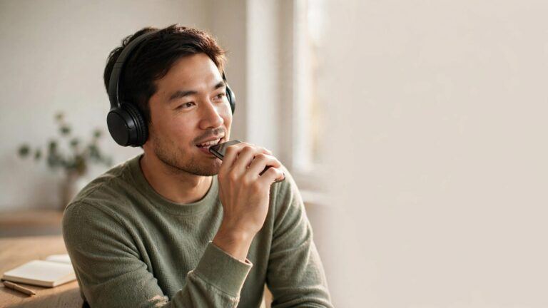 An adult wearing headphones speaks into a phone beside a notebook and pen.