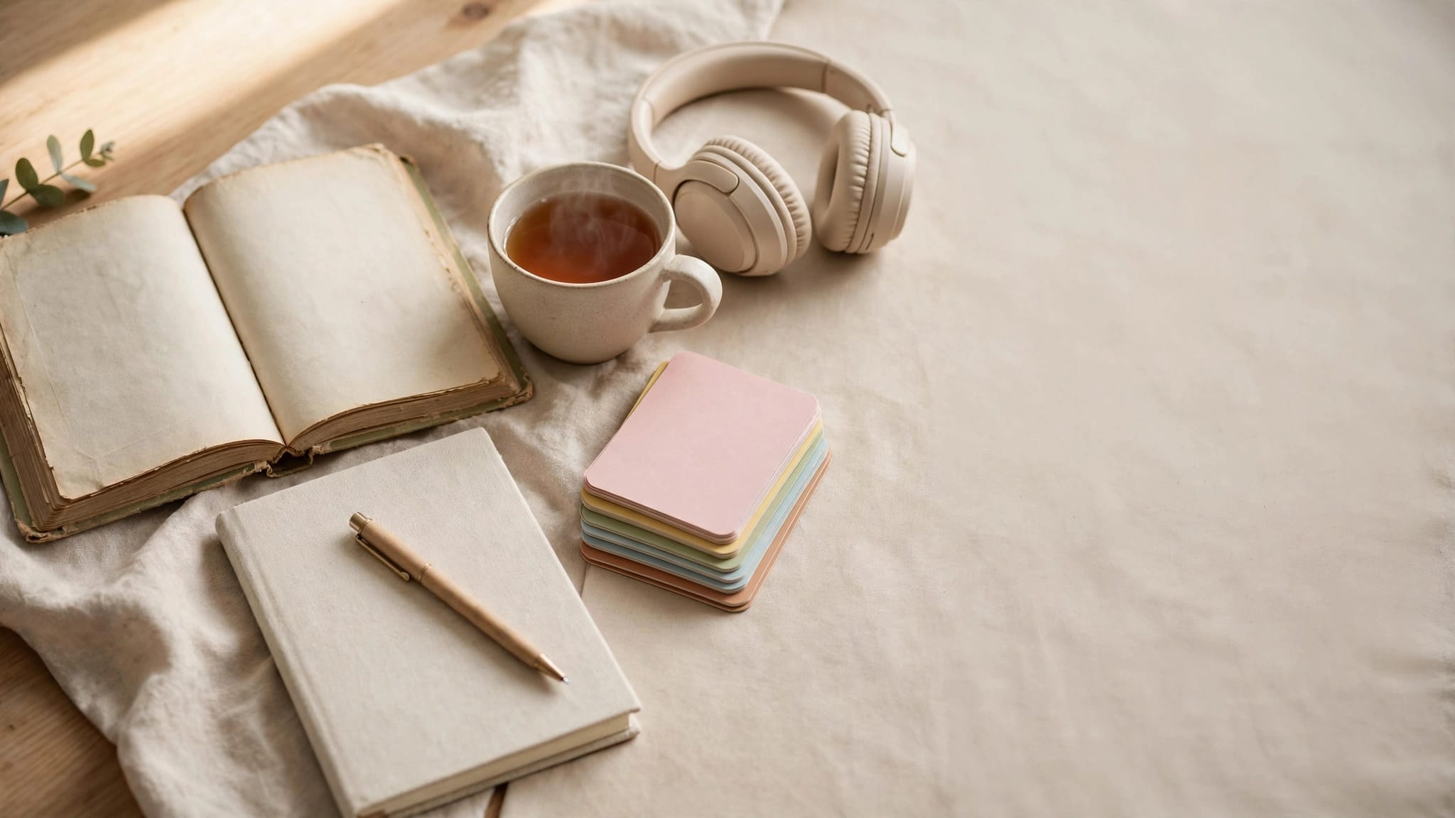 A language workbook, tea, headphones, and flashcards beside a fresh notebook and pen.
