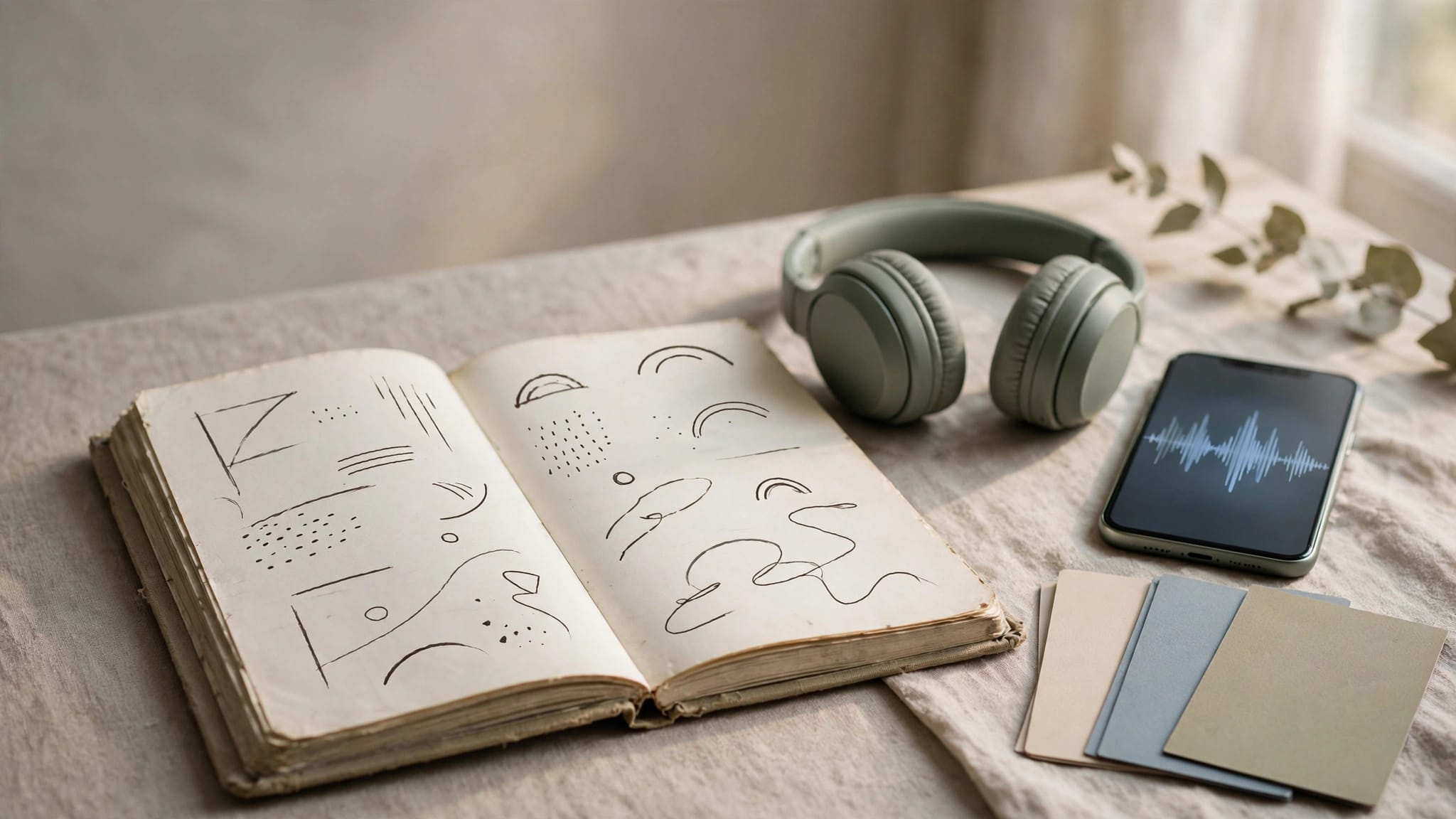 A notebook, headphones, smartphone, and reference cards arranged on a sunlit desk.