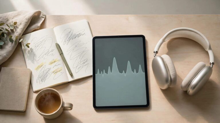 Headphones, a tablet, an open transcript, a notebook, and tea sit on a sunlit desk.