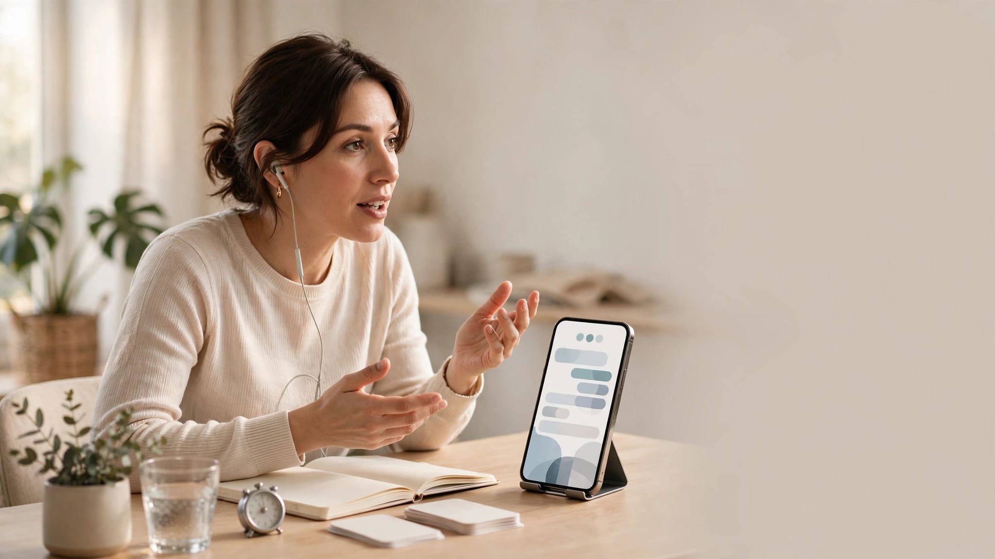An adult practices speaking with a smartphone beside blank cards and a timer.