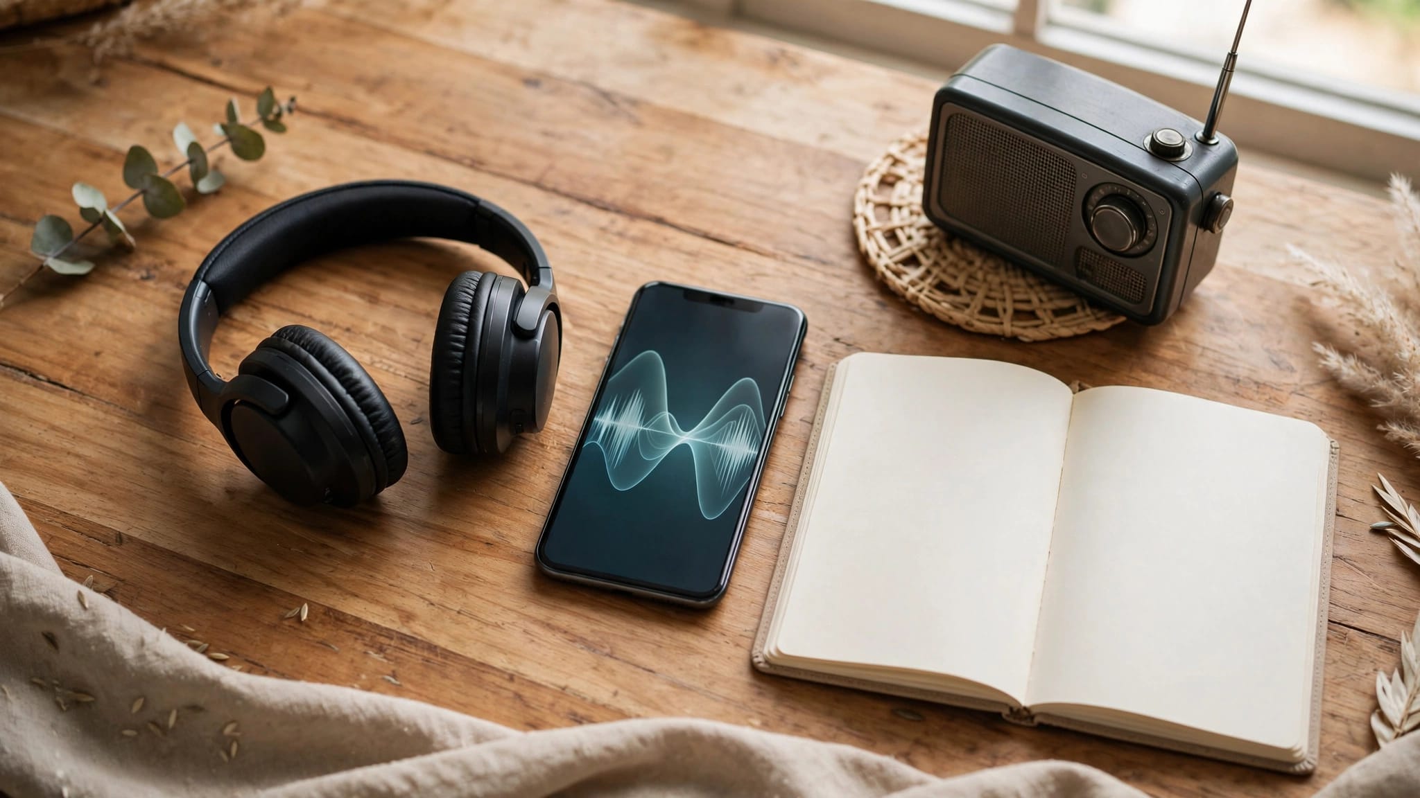 Headphones, a smartphone, blank notebook, and small radio sit on a wooden desk.