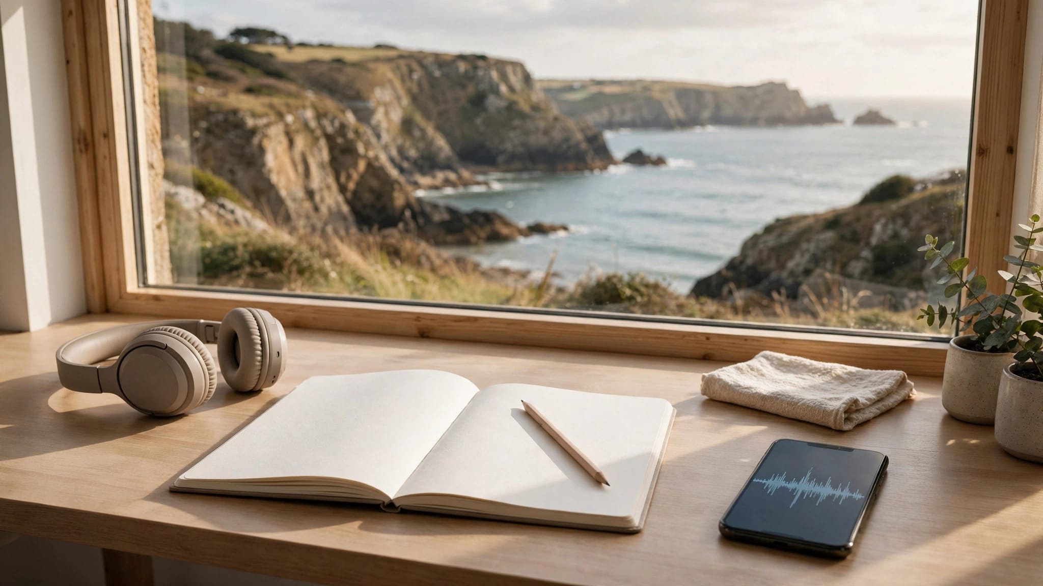A notebook, headphones, pencil, and phone sit on a desk overlooking the Cornwall coast.