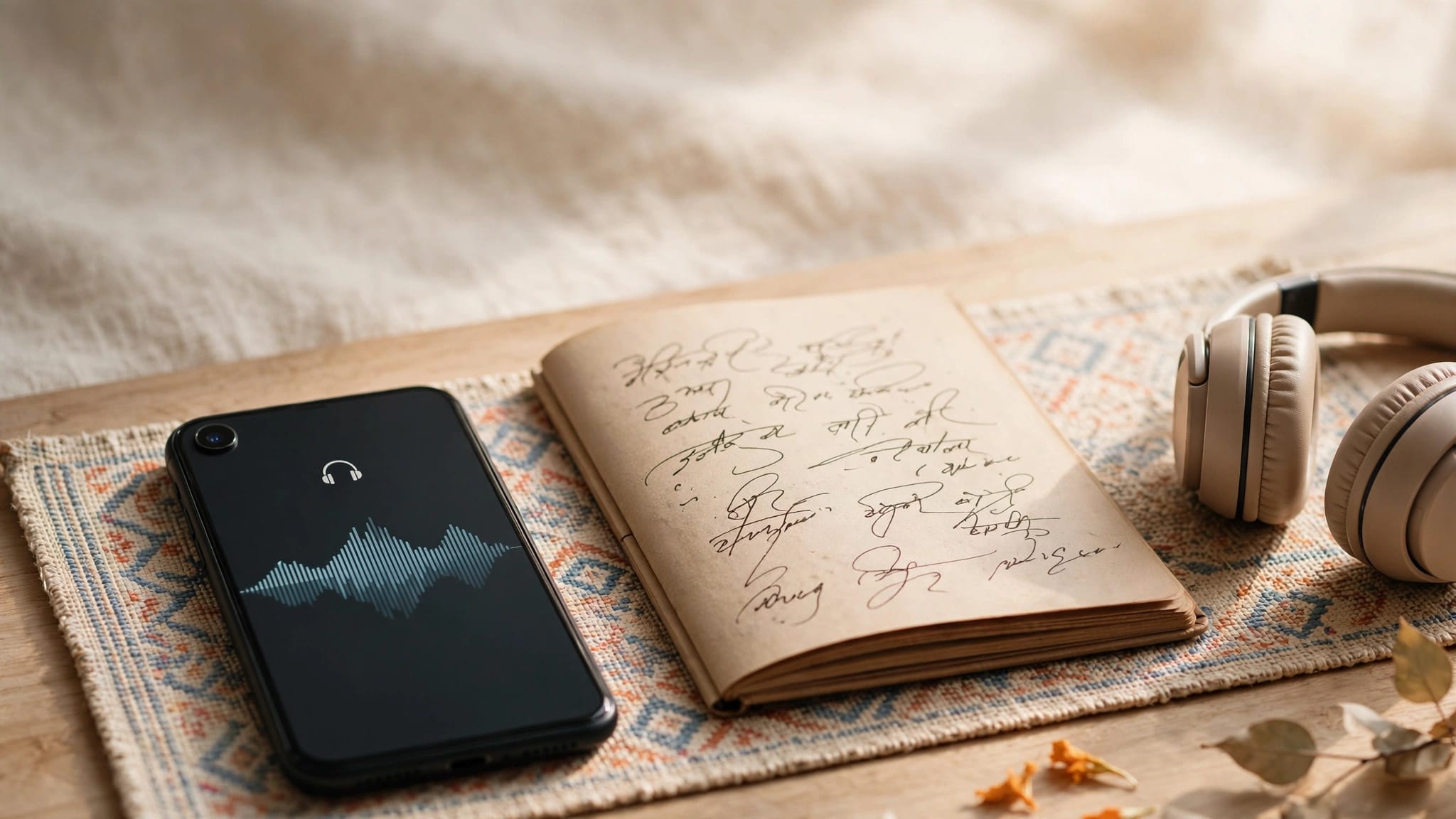 A phone, headphones, and an open notebook with Devanagari handwriting.