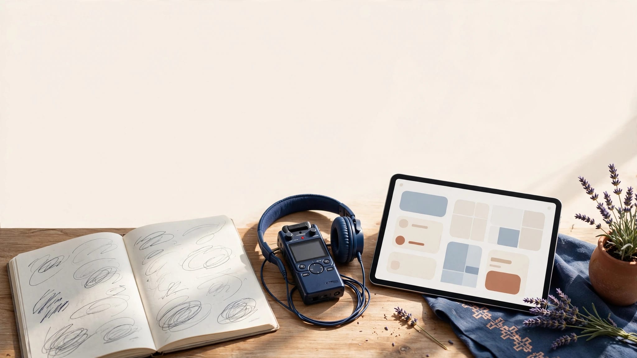 A notebook, tablet, headphones, and audio recorder sit beside lavender on a wooden desk.