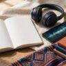 A notebook, headphones, phone, and books arranged on an Andean textile.