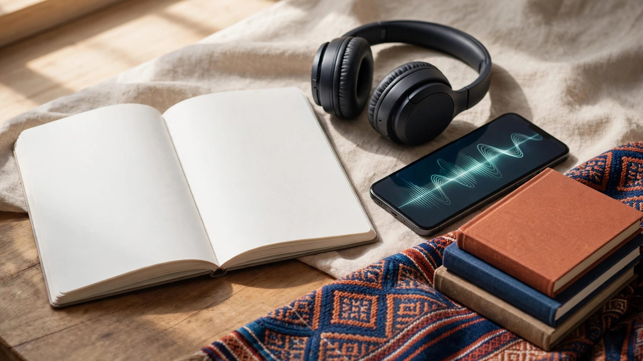 A notebook, headphones, phone, and books arranged on an Andean textile.