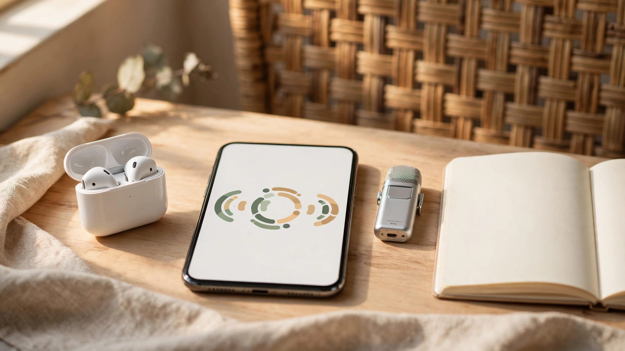 A phone, earbuds, recorder, and open notebook arranged on a warmly lit desk.