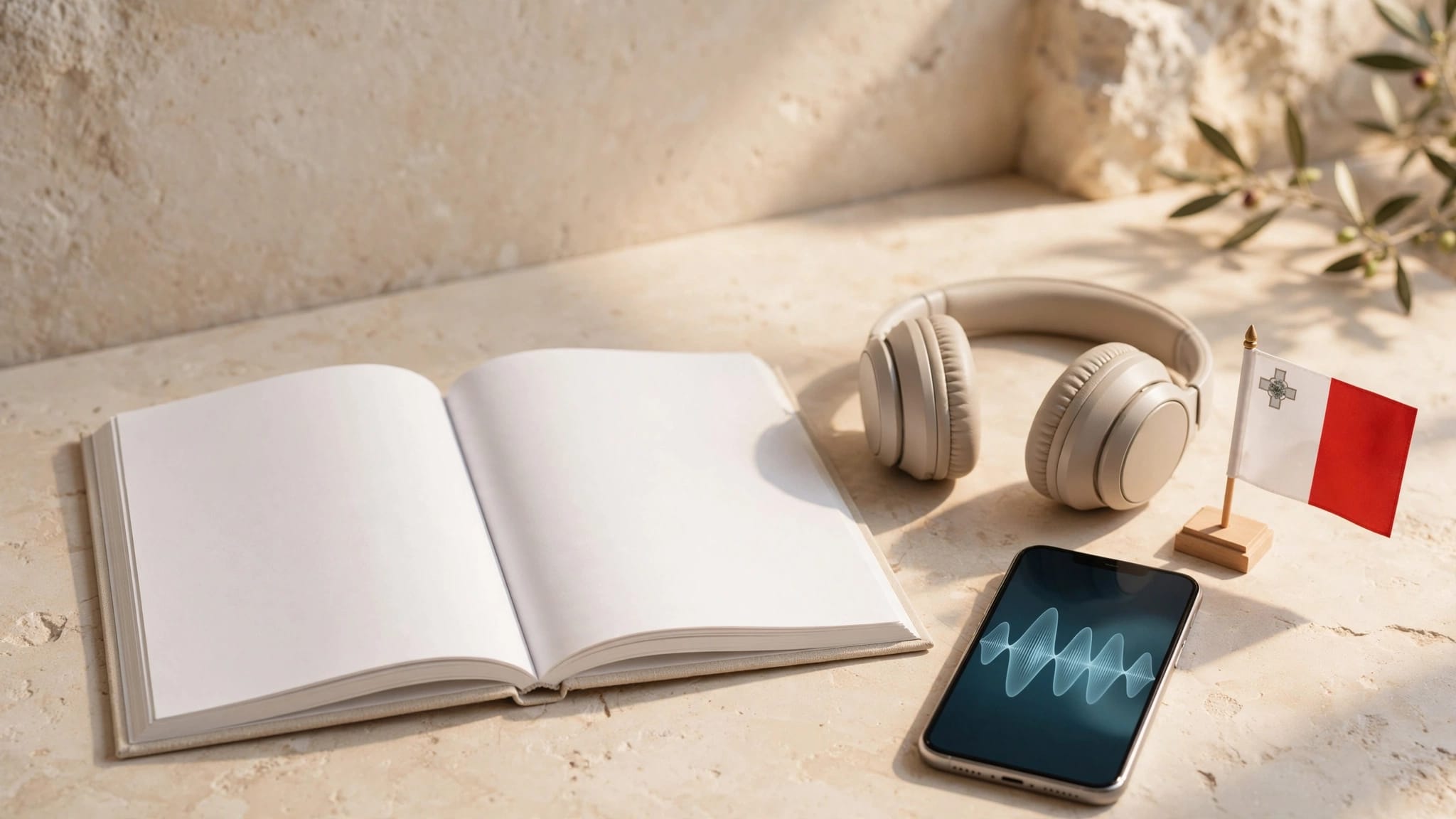 A blank workbook, headphones, and smartphone sit beside a small Maltese flag.