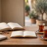An open book, newspaper, blank notebook, and tea glasses on two distinct tables.