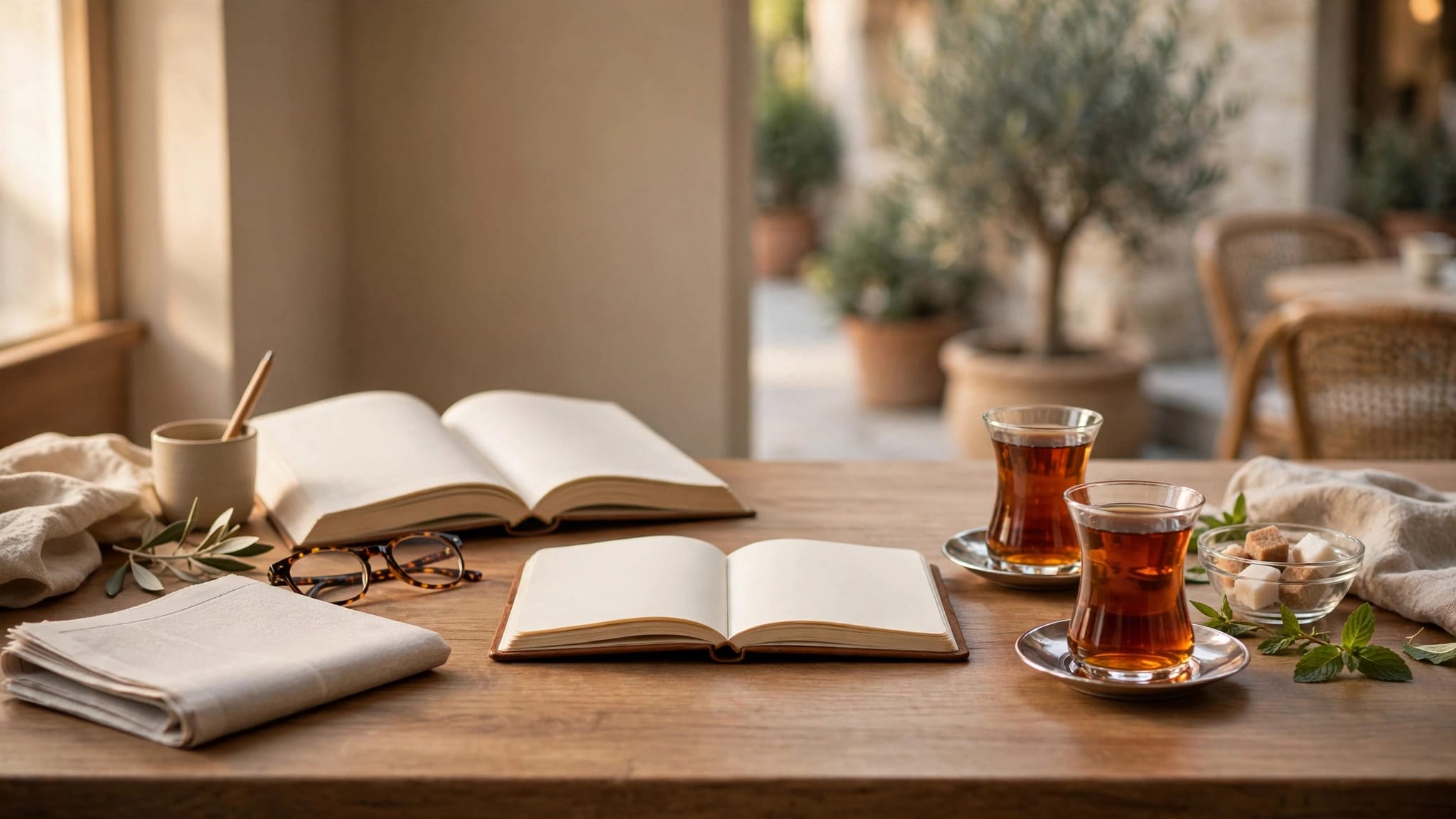 An open book, newspaper, blank notebook, and tea glasses on two distinct tables.