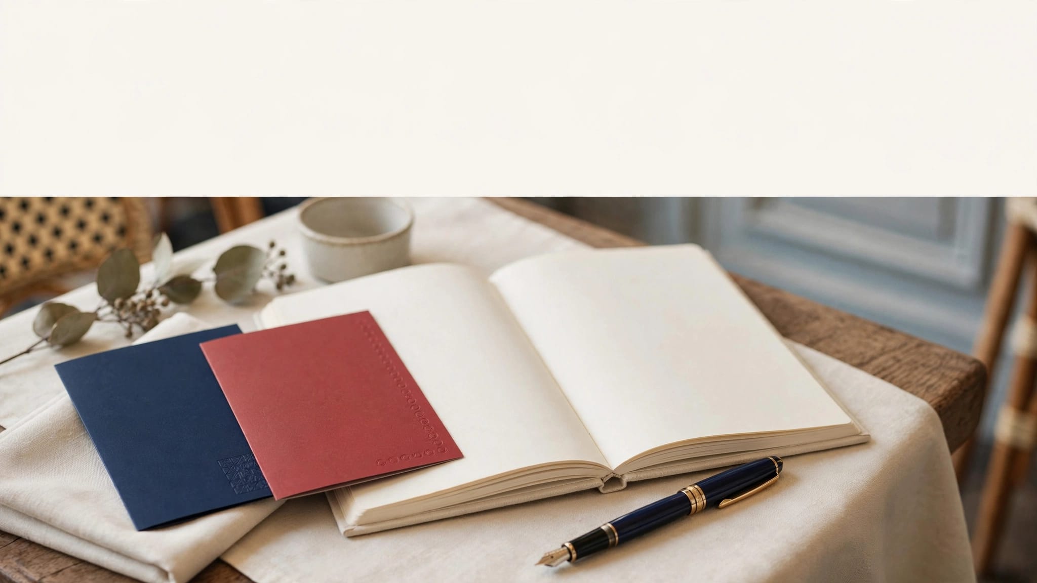 A blank notebook, two colored cards, and a fountain pen on a café table.
