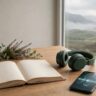 A Gaelic book, headphones, and smartphone rest on a desk by a misty Highland view.