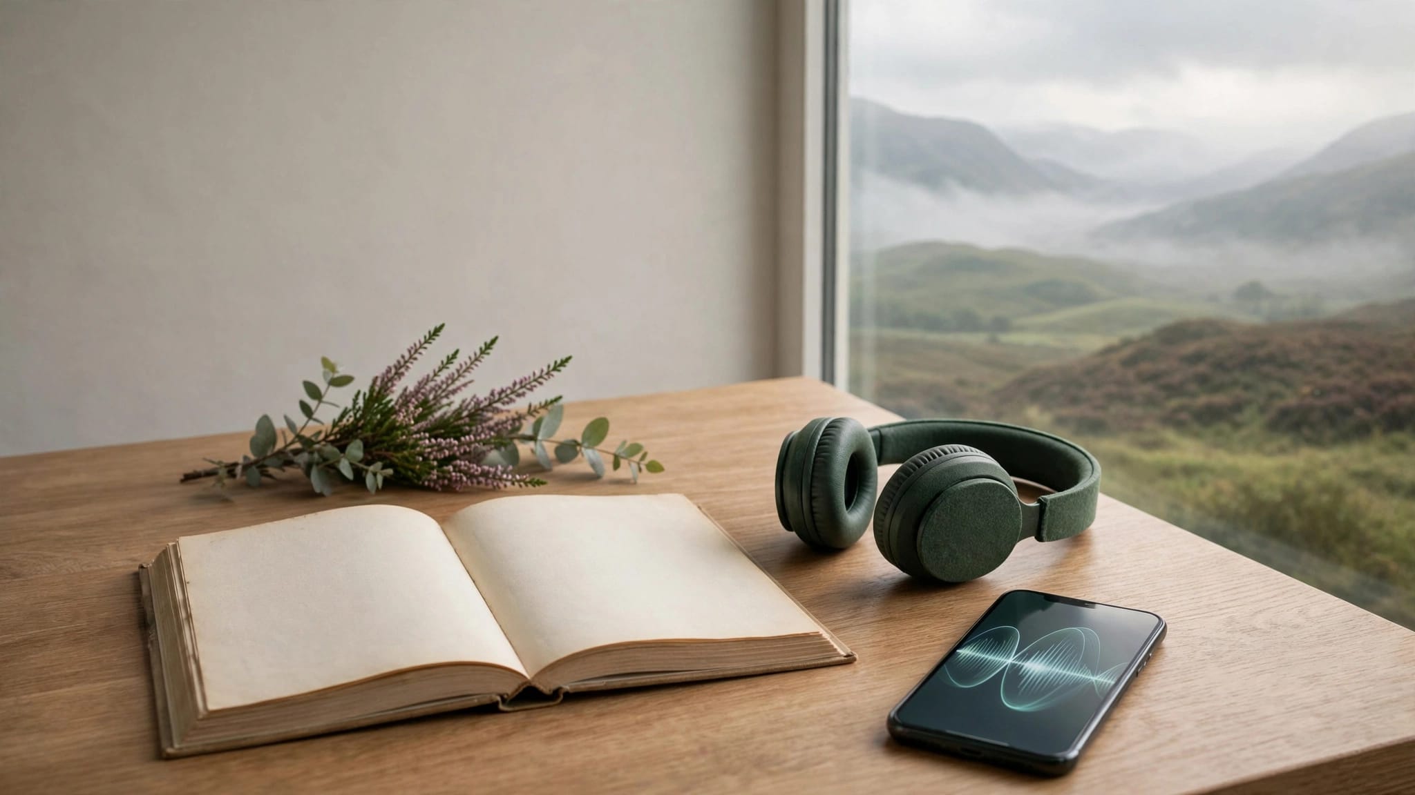 A Gaelic book, headphones, and smartphone rest on a desk by a misty Highland view.