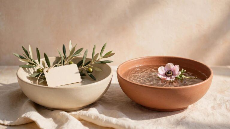 Two ceramic bowls hold an olive sprig and name tag, and water with a flower.