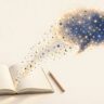 Glowing symbols rise from an open notebook and form a speech bubble beside a pencil.